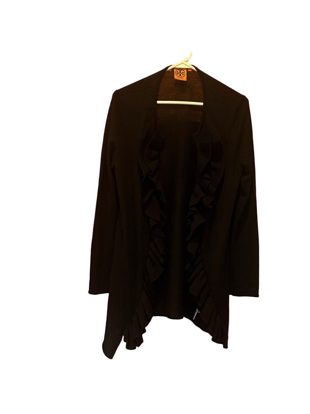 Tory Burch Black Open Front Merino Wool Cardigan with Double Ruffle Size Medium